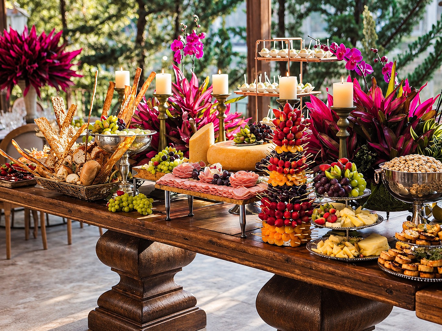 Mesa de buffet montada em varanda, com flores e frutas